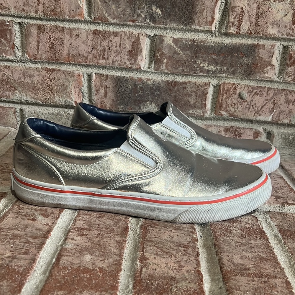 Polo by Ralph Lauren Silver Slip-On Loafers with Red Stripe